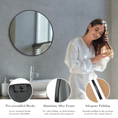 Sweetcrispy 24 Inch Round Wall Mirror with Tempered Glass, Bathroom Mirror Over Sink, Anti-Fog & Waterproof Round Mirrors for Bathroom, Entryway, Bedroom, Shatterproof Design, Black