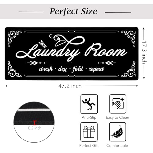 Non-Slip Laundry Room Rug Runner 17.3"x47.2" Washable Floor Cushioned Rubber Carpet Black Bathroom Hallway Mudroom Kitchen Mat for Farmhouse Entryway Washroom Decor Accessories