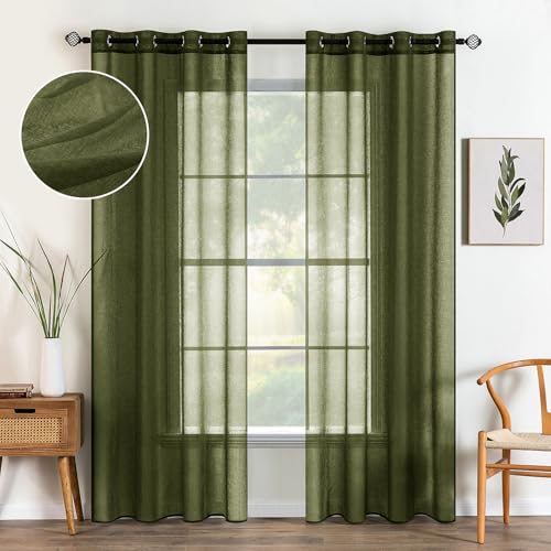 MIULEE 2 Panels Olive Green Semi Sheer Window Curtains Elegant Grommet Top Window Voile Drapes/Treatment Linen Textured Dark Green Panels for Bedroom Living Room (54X84 Inches)