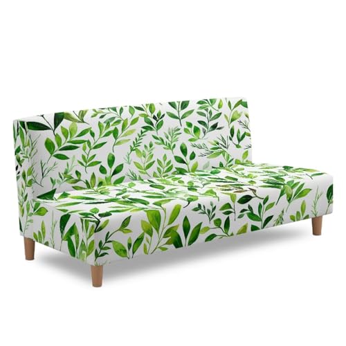 GLENLCWE Green Watercolor Leaves Armless Futon Cover Elastic Bottom Non-Armrest Couch Slipcover Washable Foldable Furniture Protector Fresh Natural Leaf Pattern for Living Room Loveseats