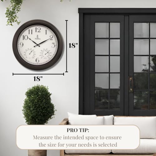 18 inch Outdoor Clocks for Patio Large Waterproof with Thermometer - Black Indoor Outdoor Clock with Temperature and Humidity for Wall - Weatherproof, Accurate & Easy to Read for Pool, Patio & Garden