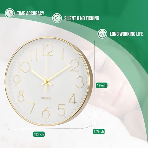 Wall Clock 12 Inch Non-Ticking Silent Modern Simple Style Round Decor Clock Gold Stereoscopic Dial Quartz Wall Clocks for Home/Office/School/Living Room/Bedroom/Kitchen