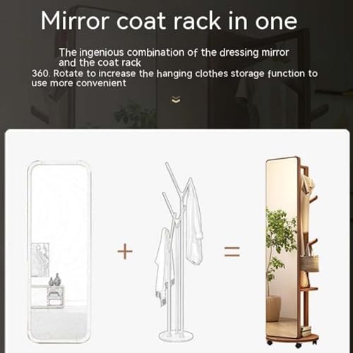 Floor-Standing Solid Wood Rotating Coat Rack，Wooden Rotating Coat Rack with Full Length Mirror Solid Clothes Hanger Stand Decorative Wall Mirror with Rotating Base Freestanding Floor Mirror