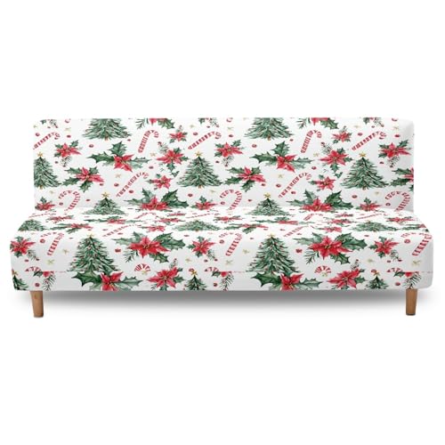 Christmas Tree Armless Sofa Bed Cover Candy Cane Print Stretch Couch Slipcover Folding Sofa Couch Futon Covers Full Size Furniture Protector Cover