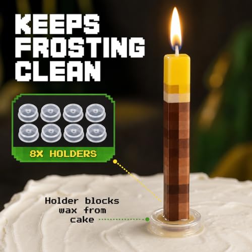 Birthday Candles (8 Pack) - Large 3-Inch Cake Toppers - Birthday Cake Decorations for Boys - Novelty Gaming Themed Pixel Torch Candle Set for Level Up Celebration