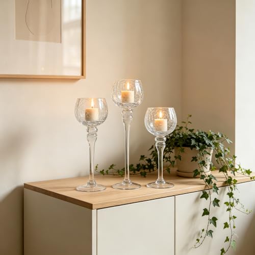 Hosley Set of 3 Crackle Clear Glass Tealight Holders -12 Inch, 10 Inch, 9 Inch Ideal for Weddings Special Events Parties
