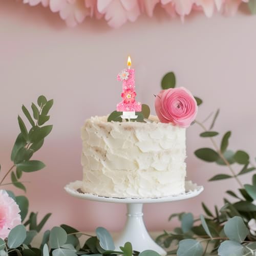 Pink Flower Birthday Candle,Number Birthday Candles for Cake, Ideal Birthday Parties Cake Decor, Wedding Anniversary and Other Celebrations (Number 1, Pink)