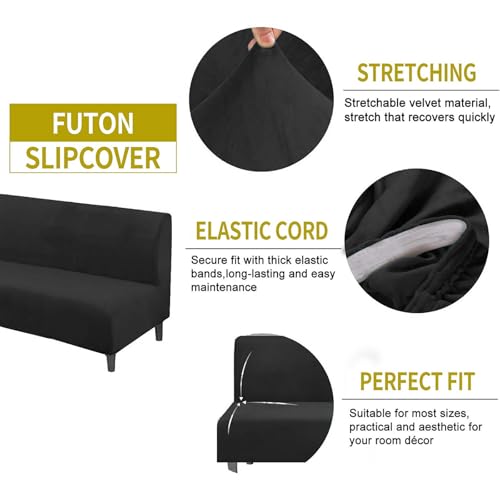 Velvet Stretch Futon Slipcover, Armless Sofa Bed Elastic Furniture Protector Foldable Couch Cover(Camel)
