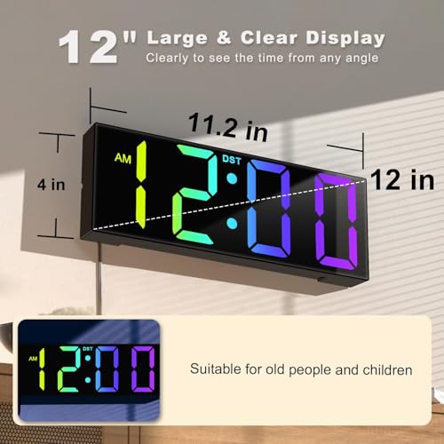 JALL 12" Large Digital Wall Clock, Big LED Number Dispaly, Remote Control, RGB Colors, DST with Light for Classroom Living Room Bedroom for Senior, Men Women
