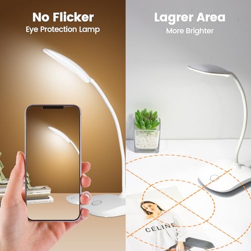 Battery Powered Desk Lamp, Portable Lamps Rechargeable 3 Color Modes Touch Control Stepless Dimming, Wireless Desk Lamp with 2000mAh, Small LED Table Light for Dorm Study Office Bedroom,White