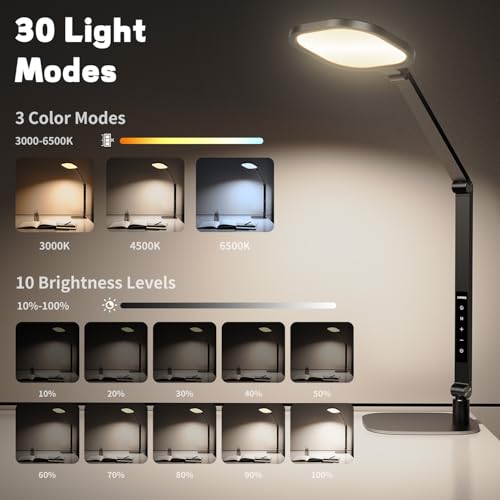 LED Desk Lamp for Home Office, Professional Eye-Caring Diffused Desk Light, 3 Color 10 Brightness Computer Light, Dimmable Office Lamp with Memory & Timer Func, Metal Swing Arm Table Lamp