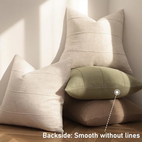Decorative Linen Throw Pillow Covers 18x18 Set of 2 Solid handcrafted Striped Cushion Covers for Bed Soft Modern Farmhouse Neutral Pillowcase for Couch Bedroom Living Room Home Decor(Natural Beige)