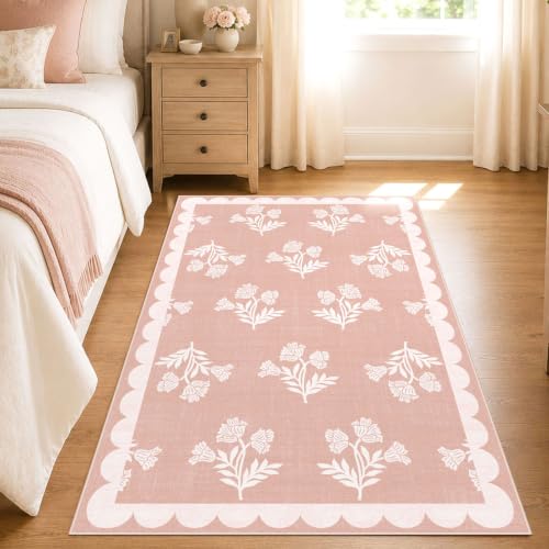 Pink Floral Rug for Girls Bedroom - 3x5 Washable Boho Bathroom Rug