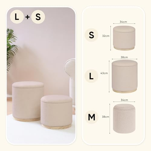 Round Storage Ottoman Set of 2, Beige Boucle Stools with Tray