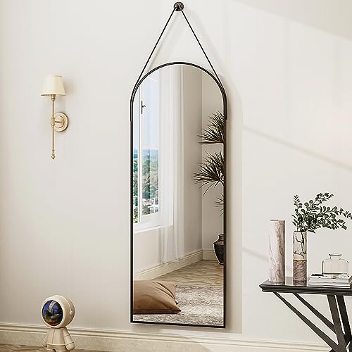 HARRITPURE 16"x48"Arched Mirror with Hanging Leather Strap Full Length Mirror Aluminum Frame Wall-Mounted Arch Hanging Mirrors for Bathroom Vanity Living Room Bedroom Entryway Decor