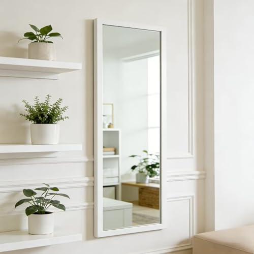 whitebeach 48" x 16" Over The Door Full Length Mirror Wall Mounted Hanging with 2 Metal Hangers for Bedroom Living Room Bathroom White