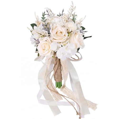 CEWOR Wedding Bouquets for Bride Bridesmaid, White Champagne Artificial Roses Flowers Wedding Decoration (7.5in)