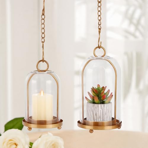Vintage Brass Metal Candle Lantern with Thick Glass Dome Set of 2