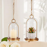 Vintage Brass Metal Candle Lantern with Thick Glass Dome Set of 2