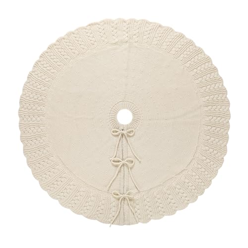 Ivory Knitted Christmas Tree Skirt, Cozy Cable Knit Design with Scalloped Edge and Ties, Rustic Farmhouse Holiday Décor for Christmas Tree Base(Ivory, 36")