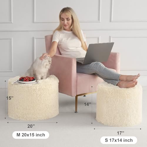 Hansleep Round Stuffed Pouf Ottoman 17 x 14, Foam Filled Faux Fur Ottoman Foot Rest for Chair with Washable Cover, Foot Stools Under Desk for Living Room & Bedroom, Beige
