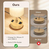 Bedside Table Lamp for Bedroom, 3-Way Dimmable Nightstand Lamp with USB C, USB A Ports & AC Outlet, Small Table Lamp Fabric Shade for Living Room Dorm Office, LED Bulb Included (14in Wood Grain)