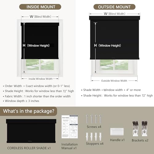 SUNOFF Cordless Blackout Roller Shades Blinds for Windows Free-Stop,Pull Down Room Darkening with Valance,Thermal Insulated Woven Fabric Window Door Blinds for Home,Office,Black 20" W x 72" H