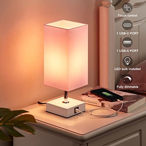 Touch Control Table Lamp with 2 USB Charging Ports, 3 Way Touch Lamps Beside Desk, Nightstand Lamp for Bedrooms Living Room, Pink Shade with White Base, LED Bulb Included(Pink)