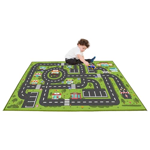Road Rug for Kids, 2'7" x 3'11", Toy Car Play Rug Mat Carpet with Construction Town Style in Playroom Children Bedroom, Educational City Rugs for Boys Aged 3-12 Years Old