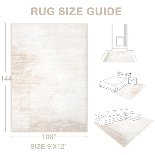 Area Rugs 9x12 Living Room: Washable Rug Modern Abstract Large Rugs Soft Non Slip Neutral Rug Stain Resistant Indoor Carpet for Bedroom Kitchen Dining Room Table Nursery Home Office Rugs(Beige,9'x12')