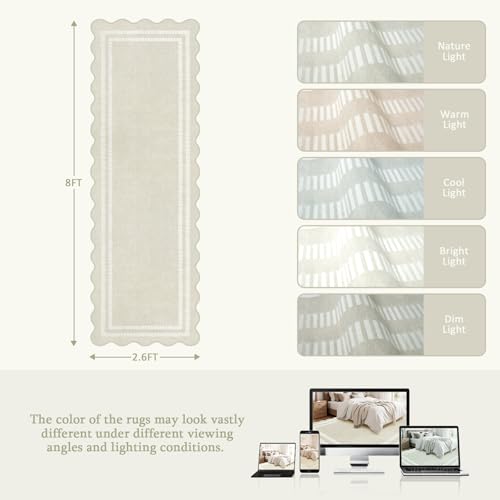 Washable Runner Rug 2.6x8 Kitchen Hallway Scalloped Rugs, Non Skid Stain-Resistant Indoor Rug Soft Entryway Carpet Runner for Bathroom Laundry Room