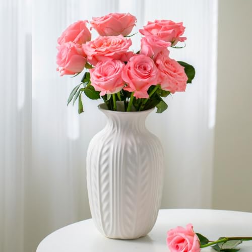 Lvases 10in Wheat Textured White Ceramic Flowers Vase Modern Home Decor | Unique Large Flower Vase, Rustic Decor for Living Room, Entryway Shelf Centerpiece & Office Floral Display ( Matte White )