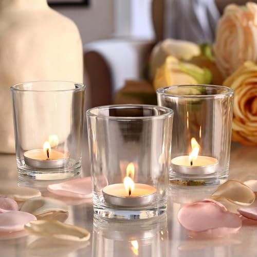 LETINE Clear Glass Tea Light Holders Set of 6 - Votive Candle Holders for Weddings, Events, Home, Bridal Shower, Birthday, Christmas, Party Table Decor and Centerpieces