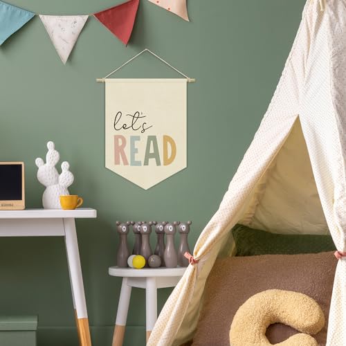 Reading Corner Decor, Let's Read Sign Kids Room Wall Canvas Banner, Library Boho Classroom Bookshelf Hanging Pennant Flag, 15x11in