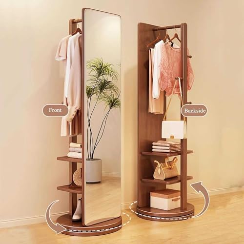 Floor-Standing Solid Wood Rotating Coat Rack，360° Rotating Full Length Mirror, Wood Coat Rack, 2-in-1 Floor Mirrors and Coat Rack, Living Room, Bedroom, Cloakroom Mirror