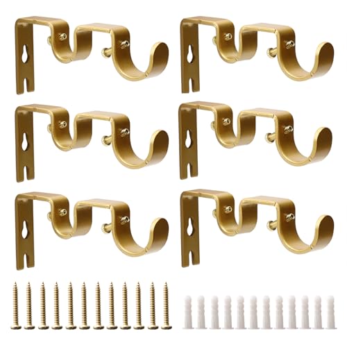 Double Curtain Rod Bracket 6 Pack Metal Curtain Rod Holders for Wall Sturdy Curtain Bracket for 1 Inch Curtain Rod Gold Wall Mounted Curtain Rod Hooks for Bedroom Living Room Patio