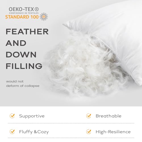 SAVORI Set of 2 Down and Feather Throw Pillow Inserts 22x22 Soft Fluffy Pillow Inserts with 100% Down-Proof Cotton Cover, Decorative Square Cushion Inner for Sofa Couch Bed-White