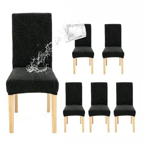 Waterproof Dining Chair Covers Set of 6, Stretch Parson Chair Slipcovers for Kitchen/Dining Room, Seat Covers for Chairs with Anti-Slip, Ideal for Party & Daily Use, Leaves-Black