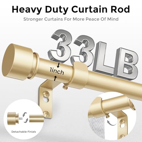Modern Gold Curtain Rods for Windows 48 to 84 Inch, 1" Diameter Adjustable Heavy Duty Window Curtain Pole with Matte Gold End Cap Finials, Decorative Drapery Rods for Living Room, Bedroom