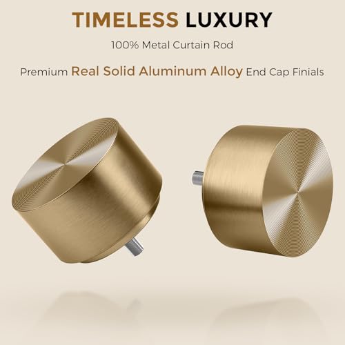 Brass Gold Curtain Rod 34-124 Inch, Brushed Warm Gold 1” Adjustable Long Heavy Duty Curtain Rods for Windows, Decorative Antique Bronze Window Treatment Rods with Modern Solid Aluminum Finial