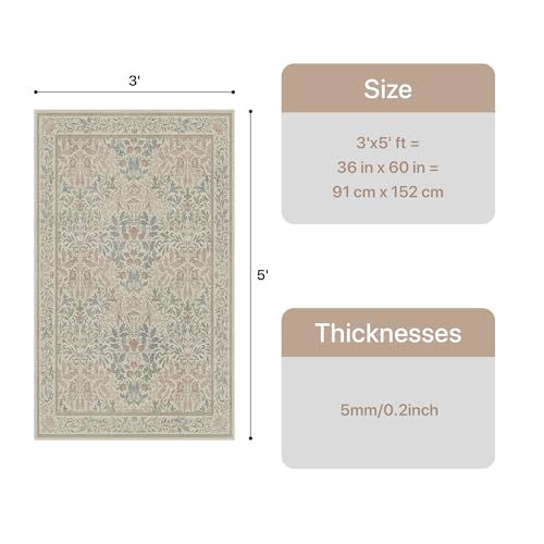 3x5 Washable Area Rug for Living Room, Vintage Floral, Sage Beige