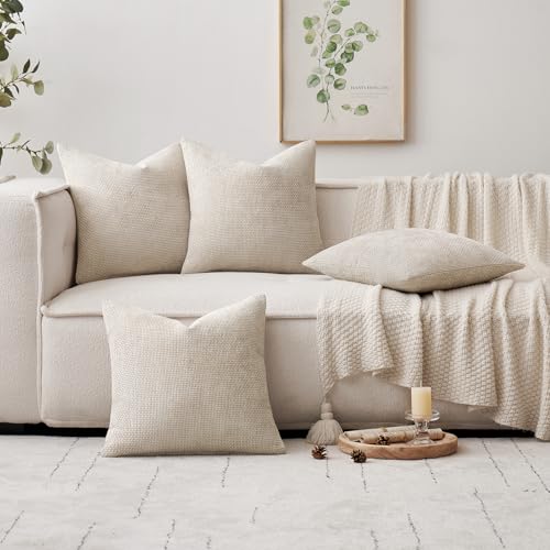 MIULEE 18x18 Inch Pack of 2 Throw Pillow Inserts 100% Virgin Fiber Filling Bundle Beige Soft Chenille Throw Pillow Covers Boho Decorative for Livingroom Bedroom Sofa Couch Bed