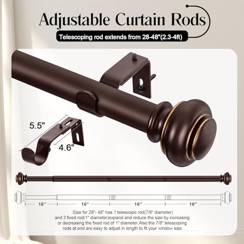 SIMEWIN Heavy Duty Curtain Rods for Windows 28 to 48 Inches, Bronze Curtain Rods with Classic Finials for Bedroom, Living Room, Patio, Kitchen