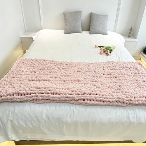 Chunky Knit Blanket Throw 40"×40", Chenille Throw Blankets, Handmade Warm & Cozy Blanket Couch Bed Home Decor, Soft Breathable Fleece Banket, Christmas for Couch Bed Sofa Best Gift (Pink)