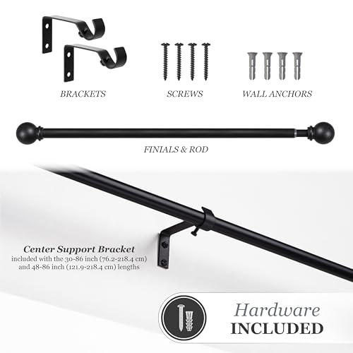Kenney Chelsea Ball End Window Curtain Rod - Adjustable 28 to 48 Inches, Extendable Set, Black