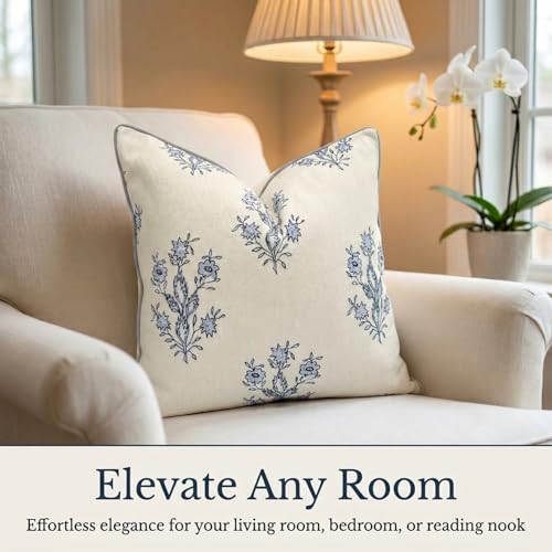 Jillien Harbor “The Mary” Blue and White Decorative Throw Pillow Cover – Floral Block Print Pillow Cover – Grandmillennial Home Decor, 19" x 19"