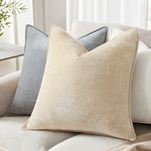 decorUhome Chenille Beige Velvet Throw Pillow Covers 26x26 Set of 2