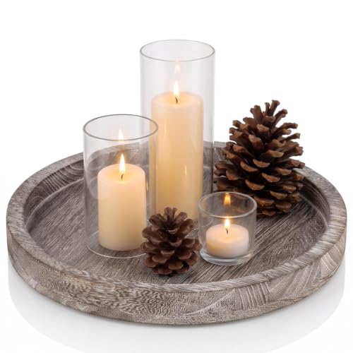 Hanobe Round Wood Candlestick Holder Tray for Table Centerpiece Decor, 11"