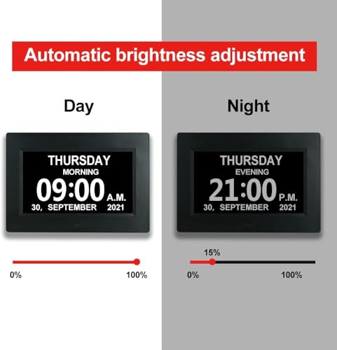 TMC 7 Inch Digital Clock with Day and Date for Elderly - 12 Alarm Options, Auto-Dim, Age Seniors,Elderly, Alzheimer