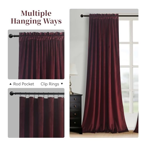 Roslynwood Velvet Ruby Wine Curtain 96 inch Long - Curtains Block Light Rod Pocket Thermal Insulated Window Drapes Set for Living Room/Bedroom/Dining Room, W52 x L96, 2 Panels